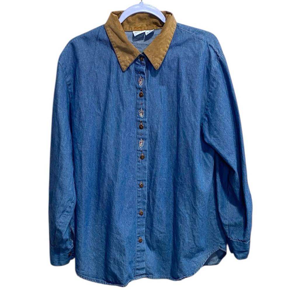 Cascade Blues | Size 1X Denim Button-Down Shirt Suede‎ Collar Leaf Embroidery